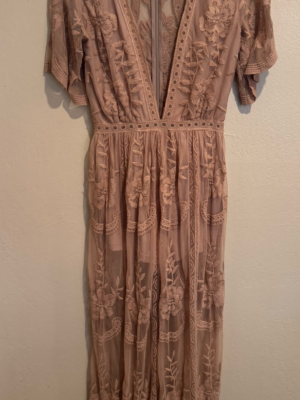 Honey Punch Dusty Blush Embroidered V-Neck Maxi Dress Romper W/Flutter Sleeves